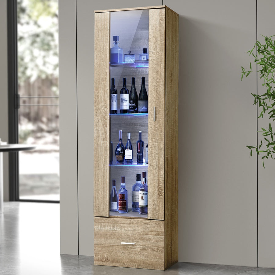 Oikiture Display Cabinet Buffet Sideboard LED Light High Gloss Door Natural