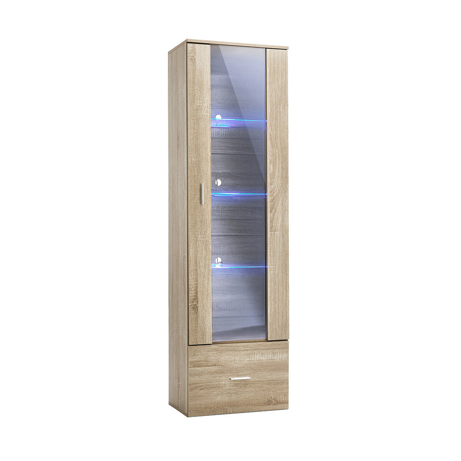 Oikiture Display Cabinet Buffet Sideboard LED Light High Gloss Door Natural