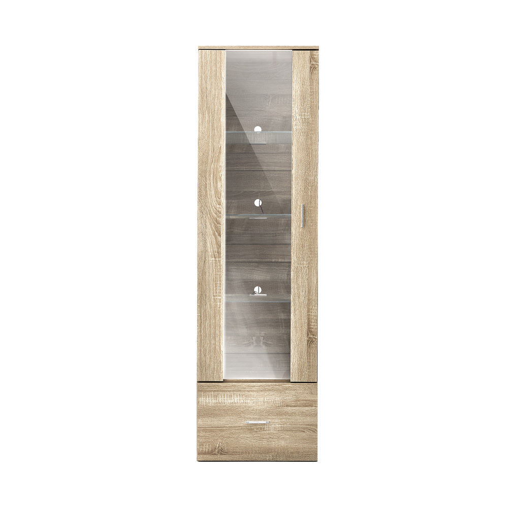 Oikiture Display Cabinet Buffet Sideboard LED Light High Gloss Door Natural