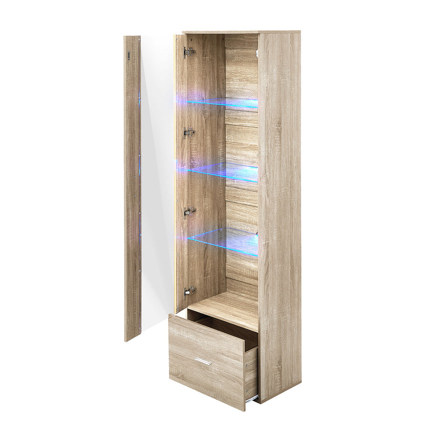 Oikiture Display Cabinet Buffet Sideboard LED Light High Gloss Door Natural
