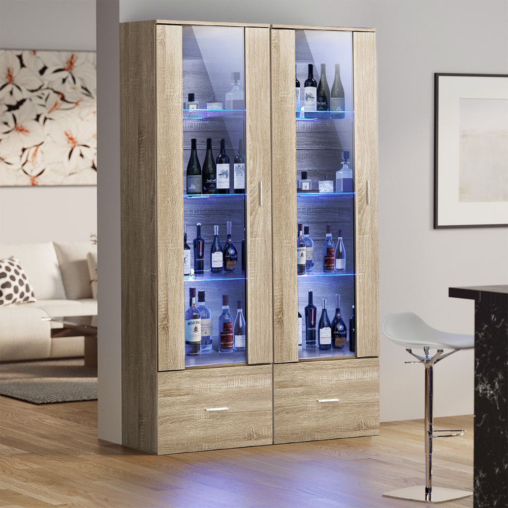 Oikiture Display Cabinet Buffet Sideboard LED Light High Gloss Door Natural