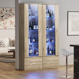 Oikiture Display Cabinet Buffet Sideboard LED Light High Gloss Door Natural - Close-Up Angle