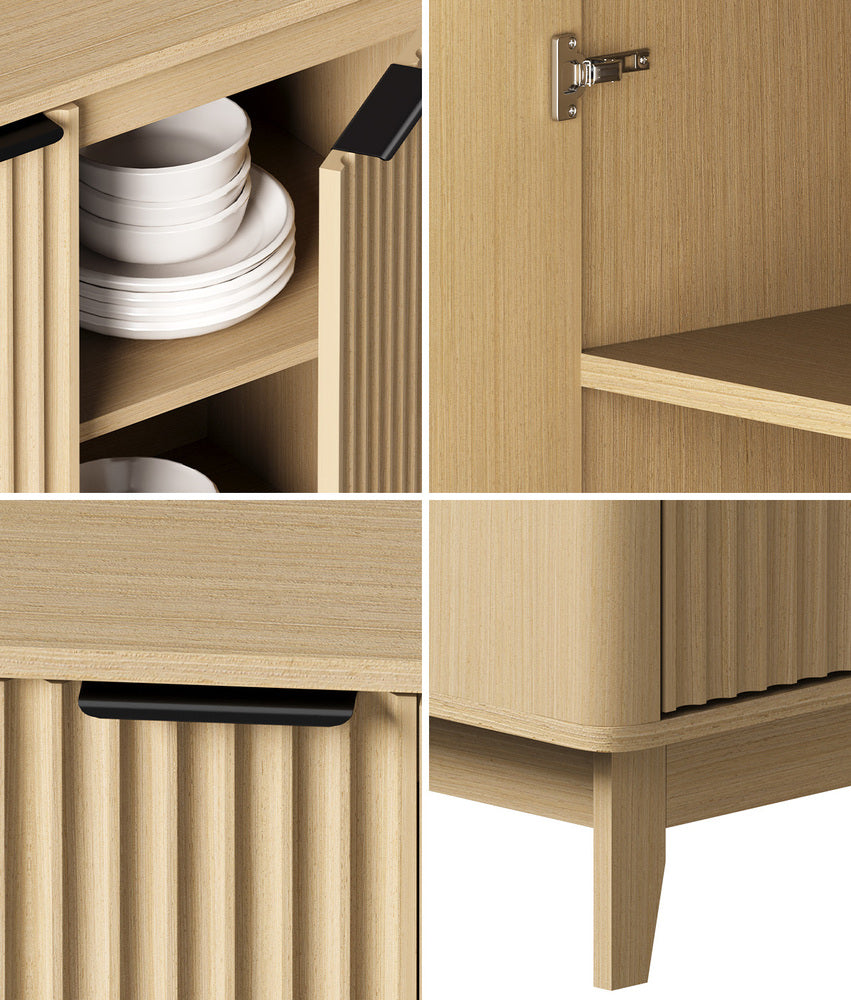 Oikiture Buffet Sideboard Storage Cabinet 4 Doors Cupboard Natural