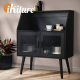 Oikiture Sideboard with Open Shelf and Glass Doors - Close-Up Angle
