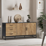 Oikiture industrial buffet sideboard with 3 drawers and 2 doors, woodgrain and black, black powder-coated legs