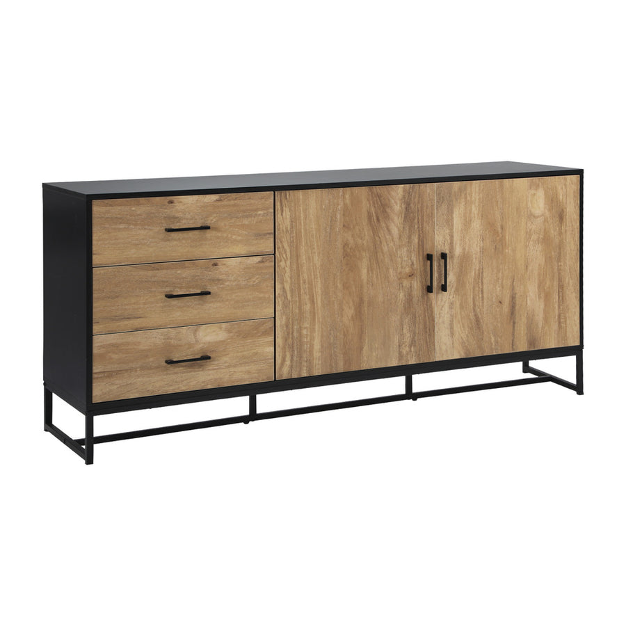 Oikiture industrial buffet sideboard with 3 drawers and 2 doors, woodgrain and black