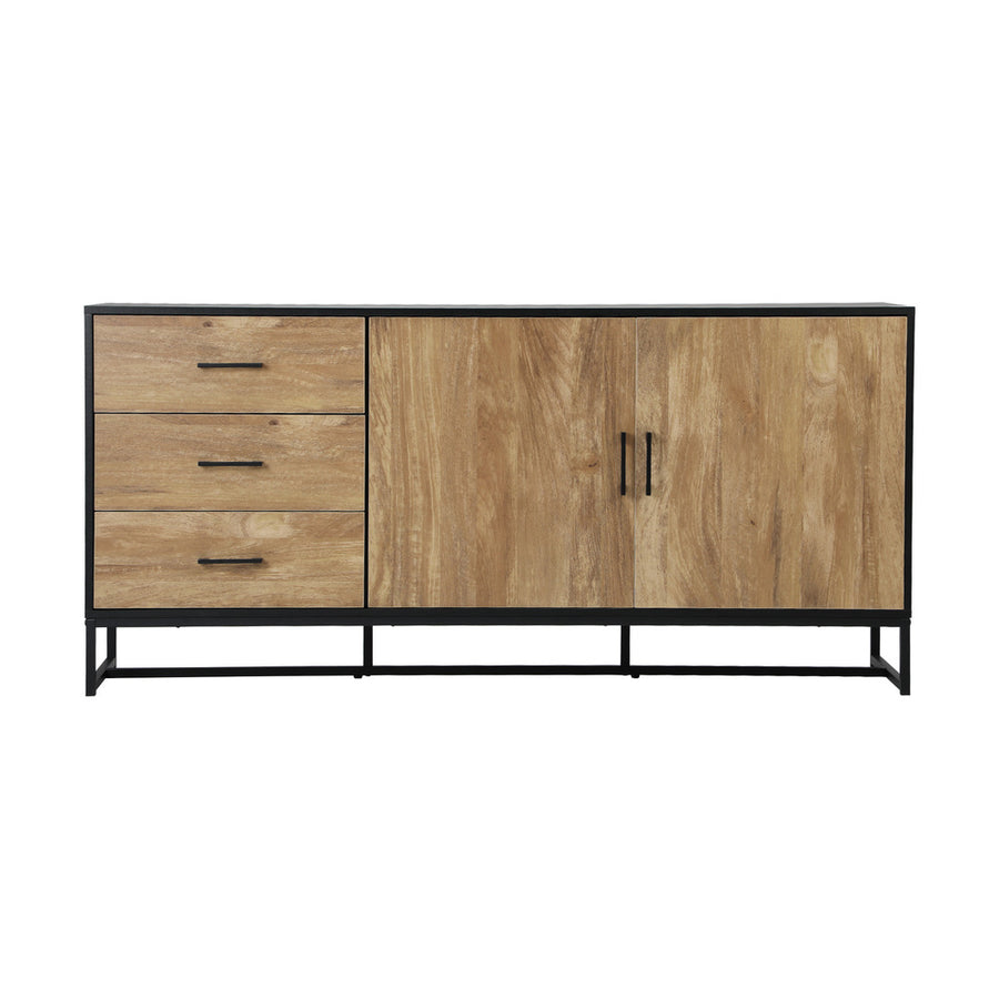 Oikiture industrial buffet sideboard with 3 drawers and 2 doors, woodgrain and black, 2-door cabinet compartments