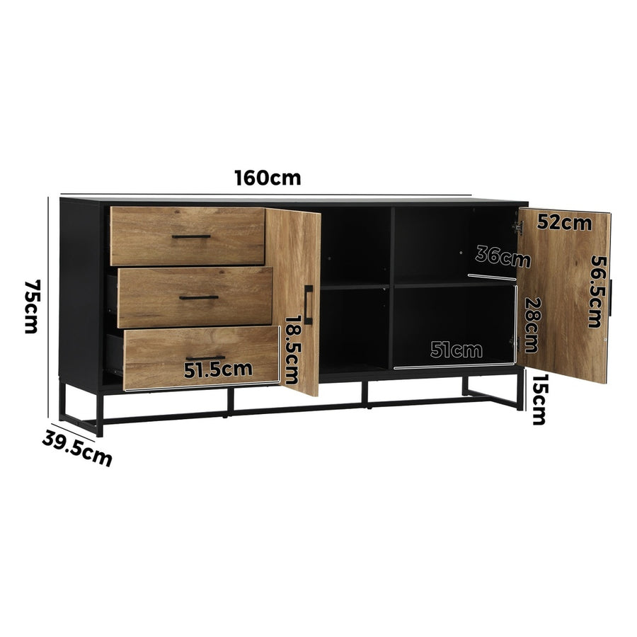 Oikiture industrial buffet sideboard with 3 drawers and 2 doors, woodgrain and black, image 6