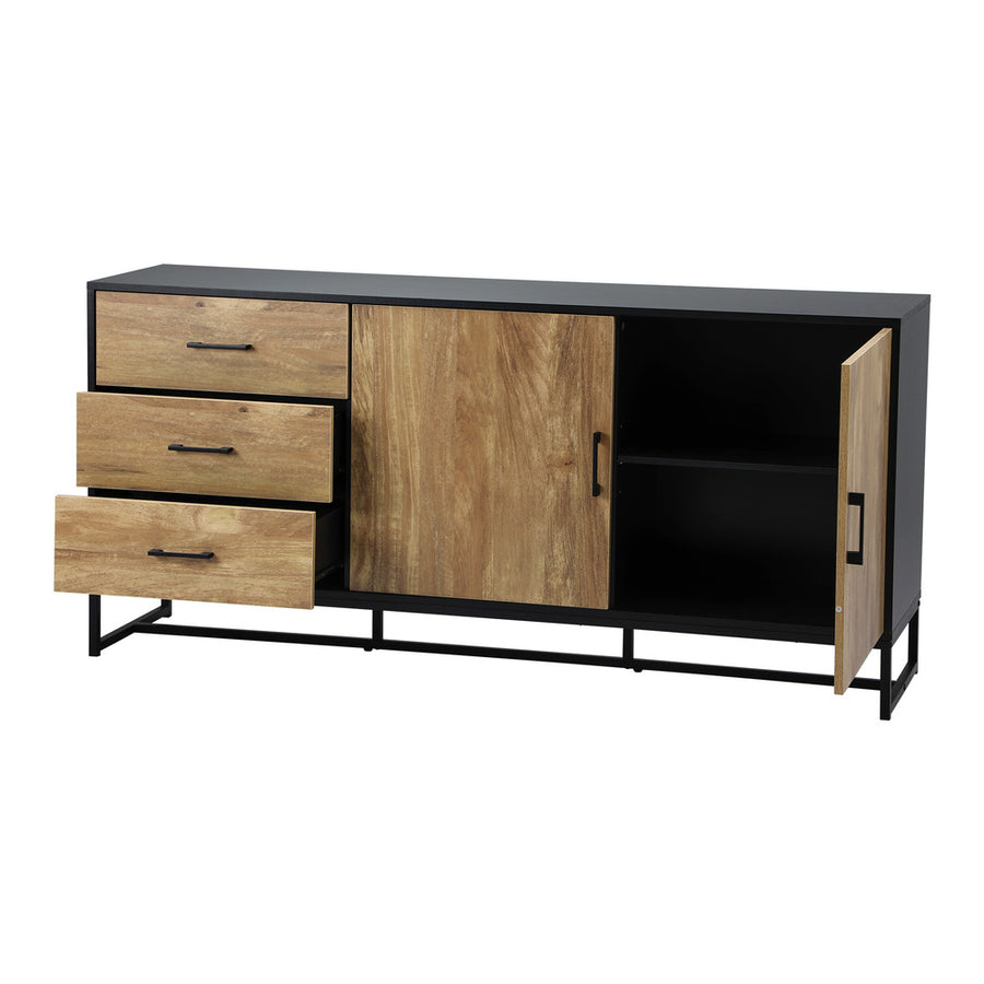 Oikiture industrial buffet sideboard with 3 drawers and 2 doors, woodgrain and black, image 9