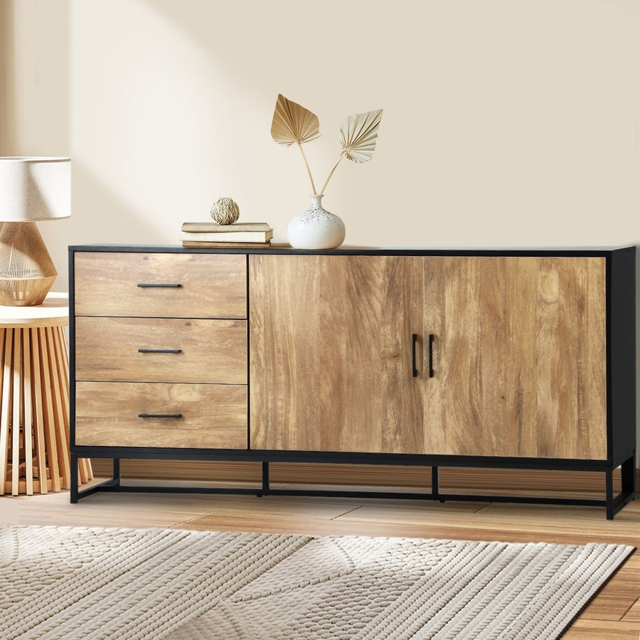 Oikiture industrial buffet sideboard with 3 drawers and 2 doors, woodgrain and black, image 8