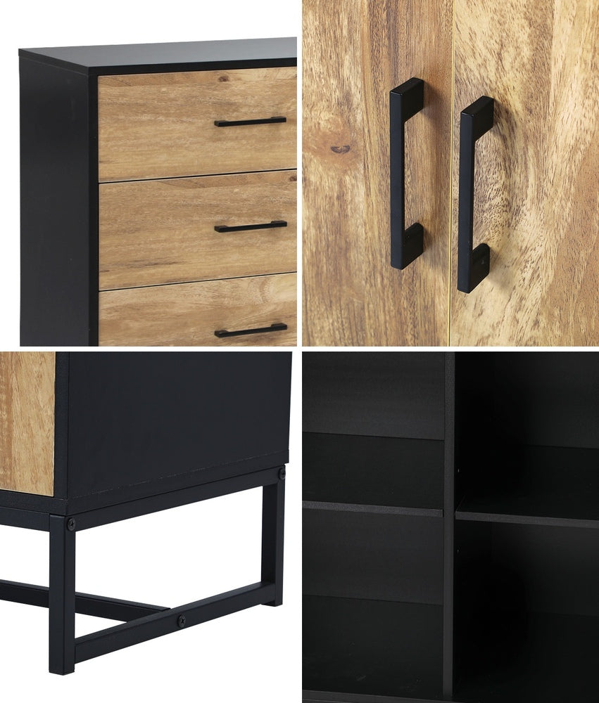 Oikiture industrial buffet sideboard with 3 drawers and 2 doors, woodgrain and black, woodgrain textured top