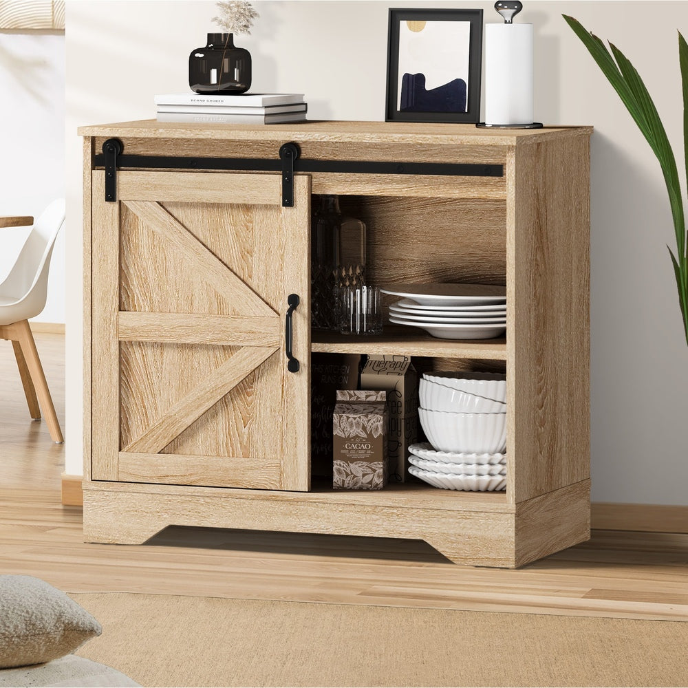 Oikiture Buffet Sideboard Cabinet Pantry Storage Cupboard Sliding Door Natural