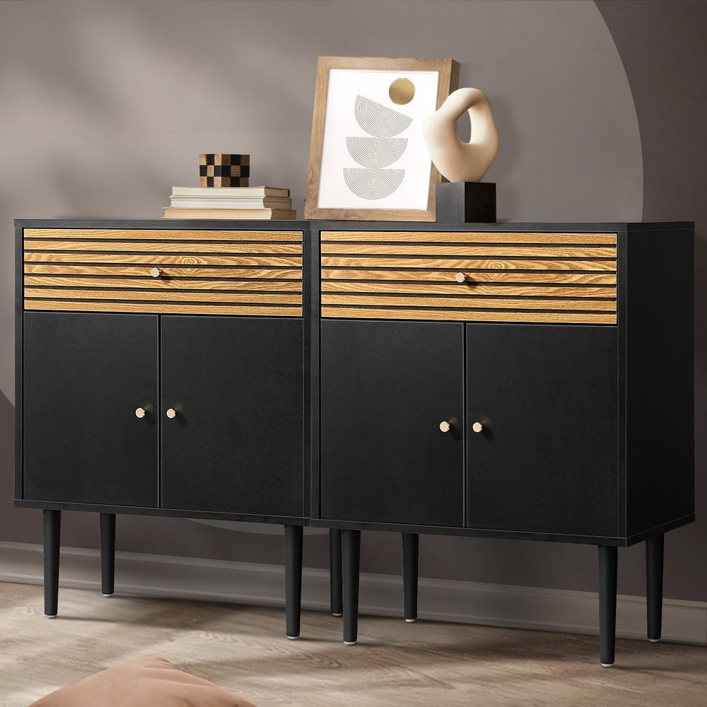 Oikiture 2x Sideboard Buffet Storage Cabinet Cupboard Black and Wood