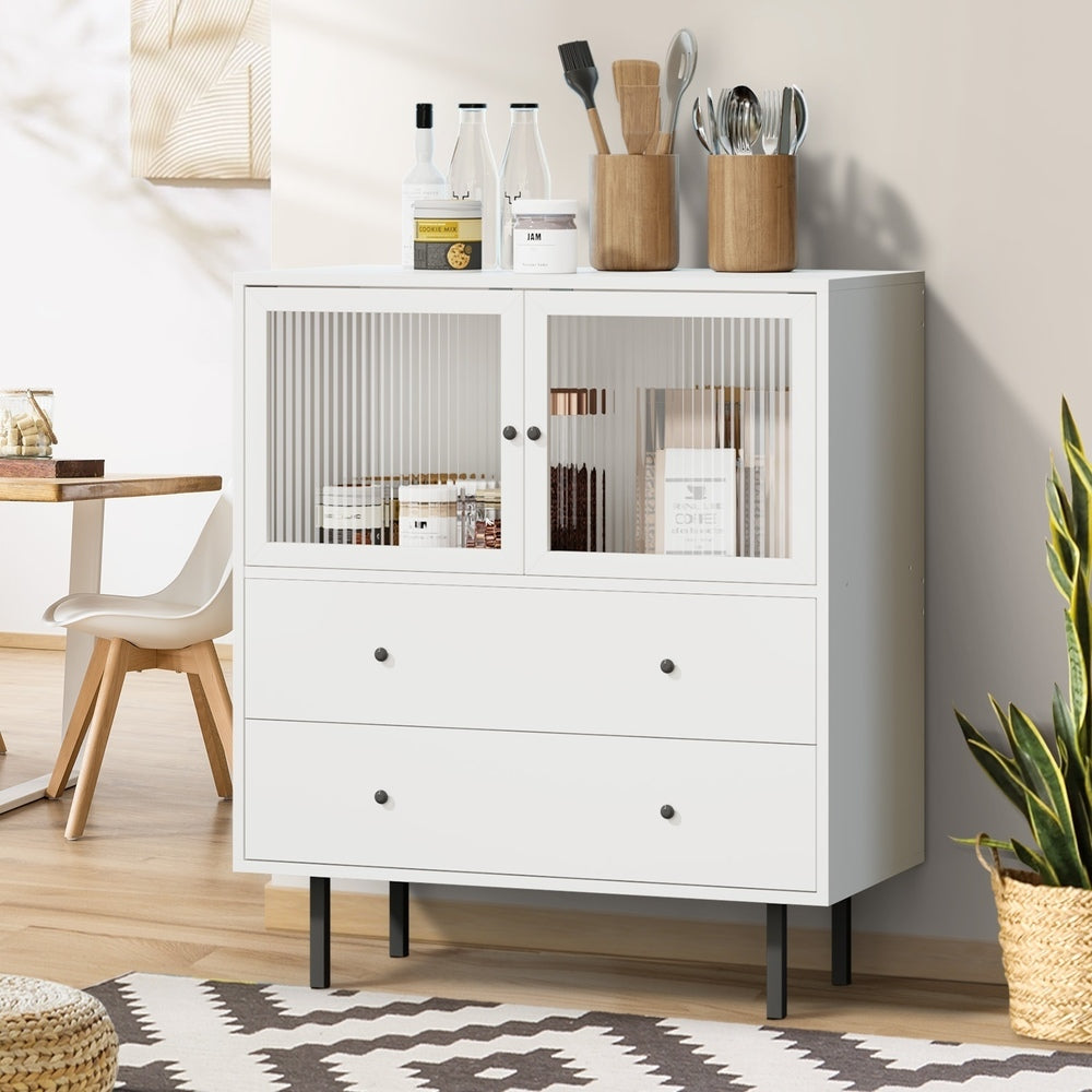 Oikiture Sideboard Buffet Tempered Glass Door 2 Drawers White