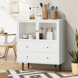 Oikiture Sideboard Tempered Glass Door 2 Drawers White - Close-Up Angle