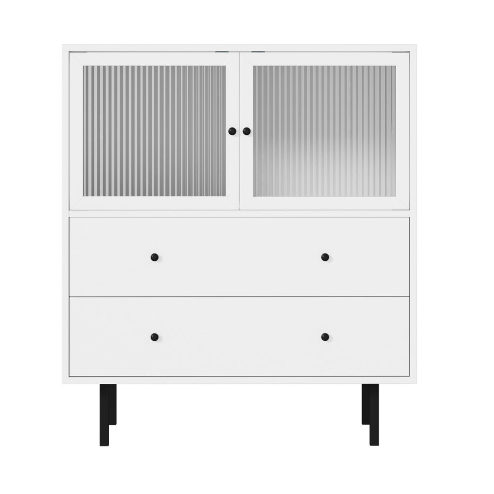 Oikiture Sideboard Tempered Glass Door 2 Drawers White