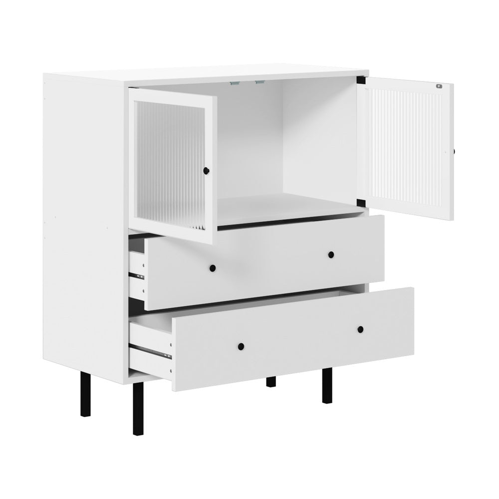 Oikiture Sideboard Tempered Glass Door 2 Drawers White