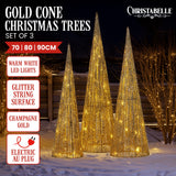 Christabell Pre-Lit Gold Cone Christmas Trees Set of 3 with Warm White LED Lights - Front View