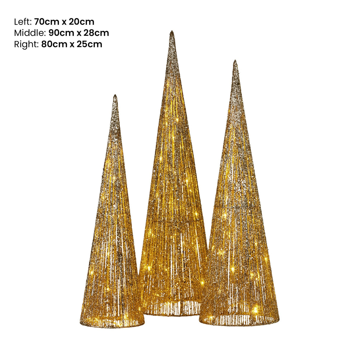 Christabell Pre-Lit Gold Cone Christmas Trees Set of 3 with Warm White LED Lights