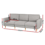 Artiss 3 Seater Sofa 225cm Linen Fabric Grey - Front View