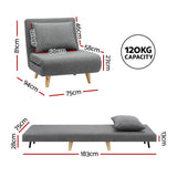 Artiss Sofa Bed Convertible Couch Recliner Lounge Chair Linen Grey - Front View
