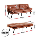 Artiss Sofa Bed Convertible 3 Seater Couch Recliner Lounge Chair Leather Brown - Front View