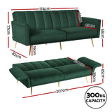 Artiss Sofa Bed 3 Seater Couch Convertible Lounge Adjustable Arm Recliner Velvet - Front View