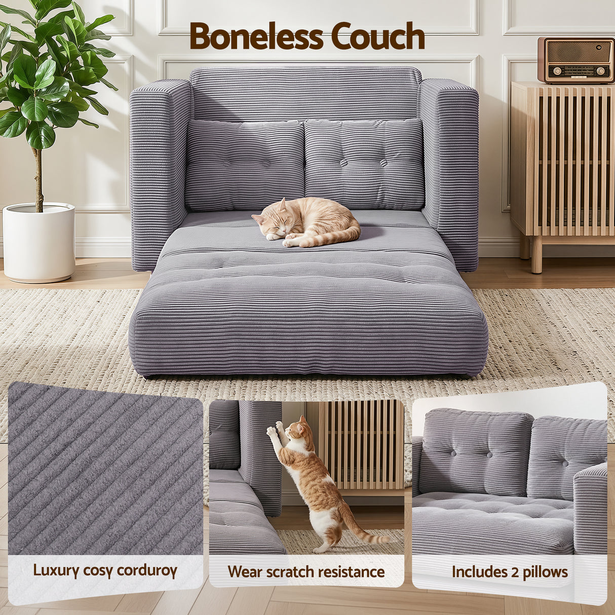Artiss 2 Seater Corduroy Convertible Sofa Bed Pull Out Boneless Couch Grey
