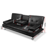 Artiss Sofa Bed Lounge Convertible Leather Couch Bed 3 Seater Cupholder Recliner - Front View