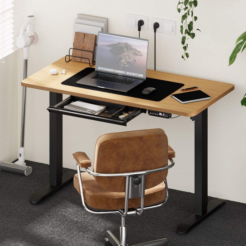 Oikiture 120CM Electric Standing Desk with Drawer Height Adjustable Black & Oak