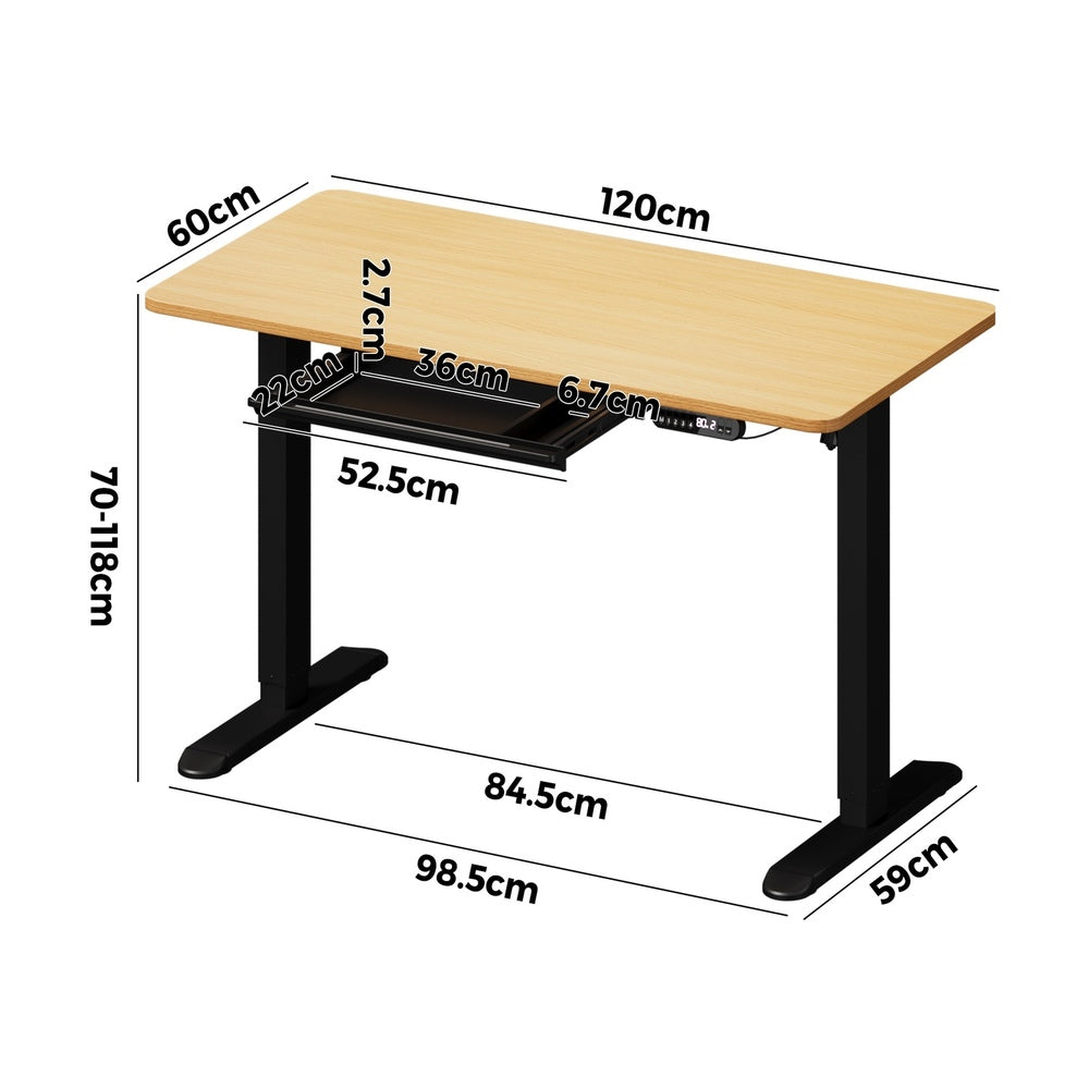 Oikiture 120CM Electric Standing Desk with Drawer Height Adjustable Black & Oak