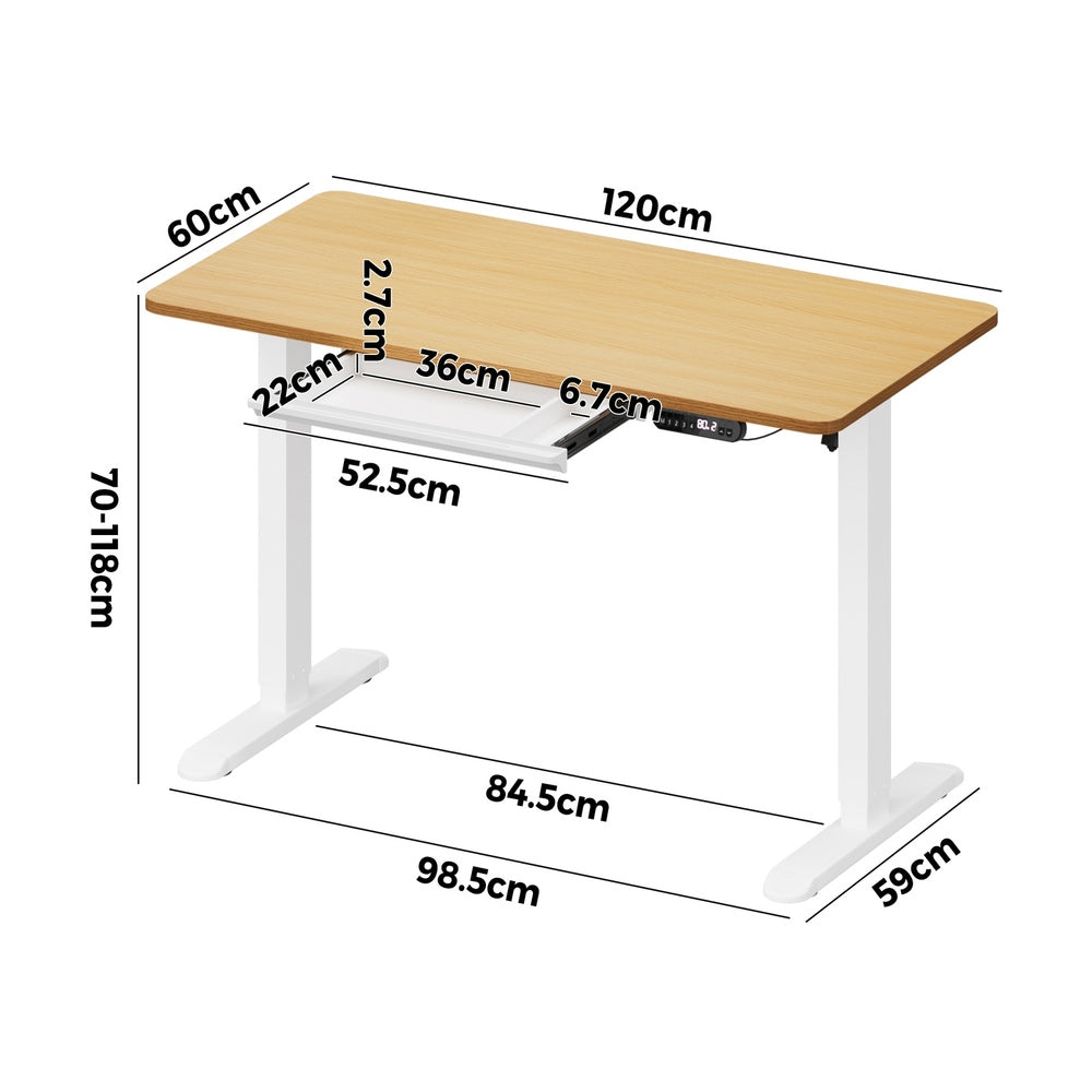 Oikiture 120CM Electric Standing Desk with Drawer Height Adjustable White & Oak