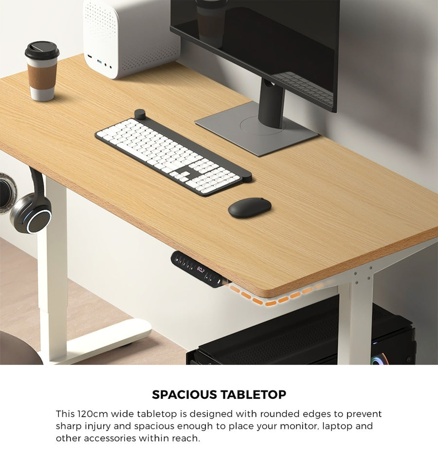 Oikiture 120CM Electric Standing Desk with Drawer Height Adjustable White & Oak, Storage