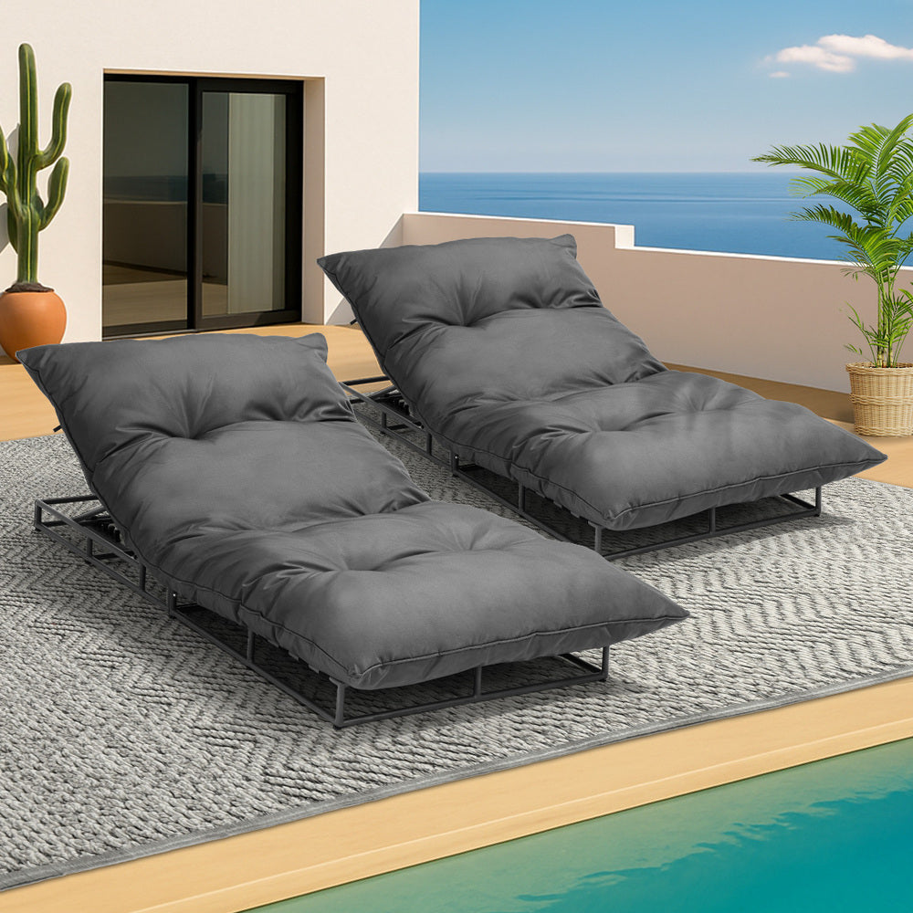 Livsip Outdoor Sun Bed Metal Frame Grey Cushion X2