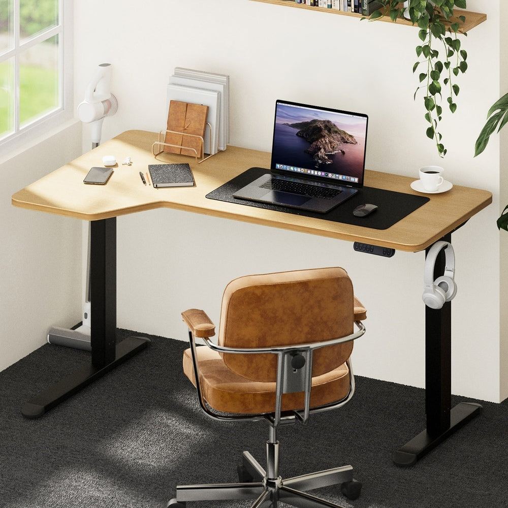 Oikiture L-shape Electric Standing Desk Single Motor 145CM Black&Oak