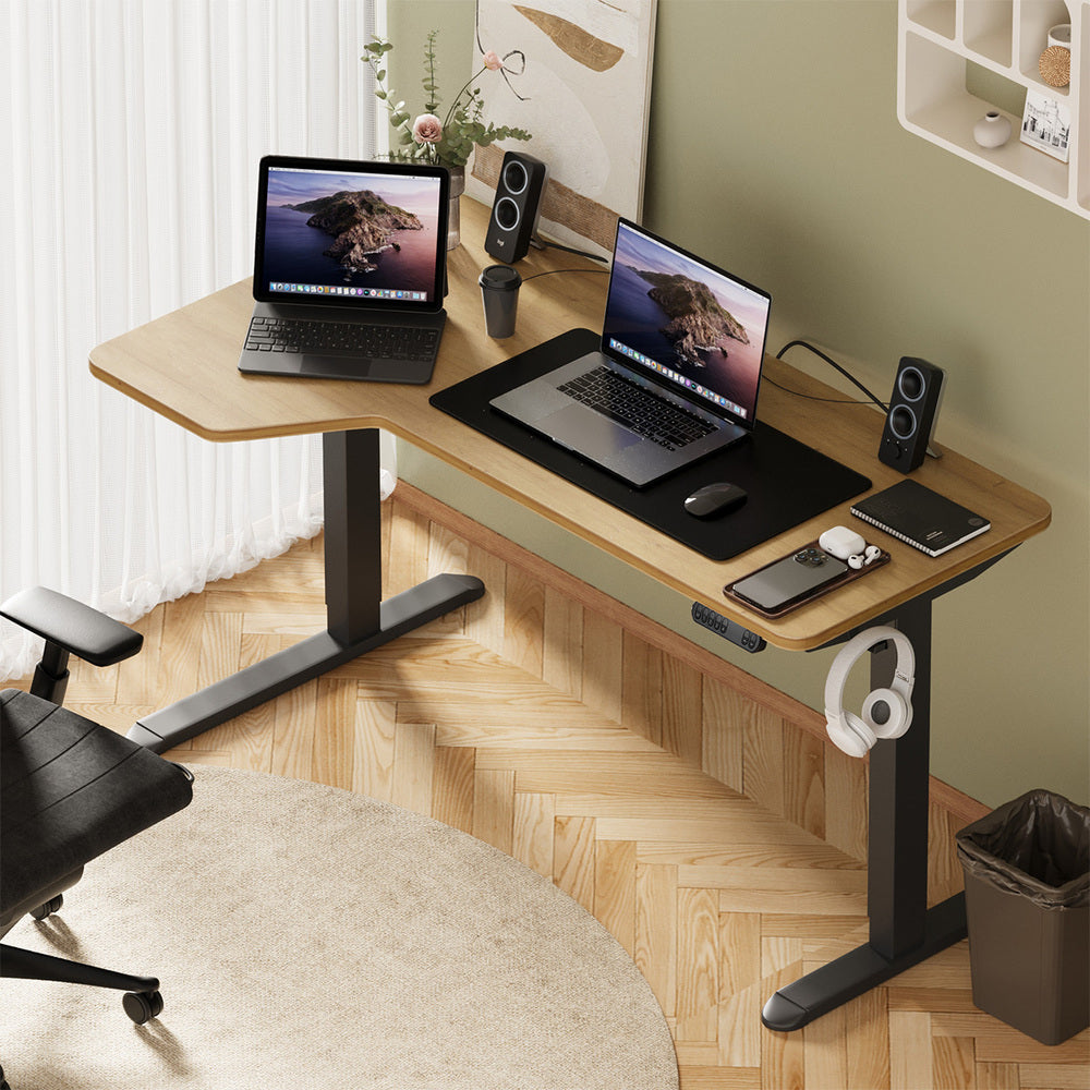 Oikiture L-shape Electric Standing Desk Single Motor 145CM Black&Oak