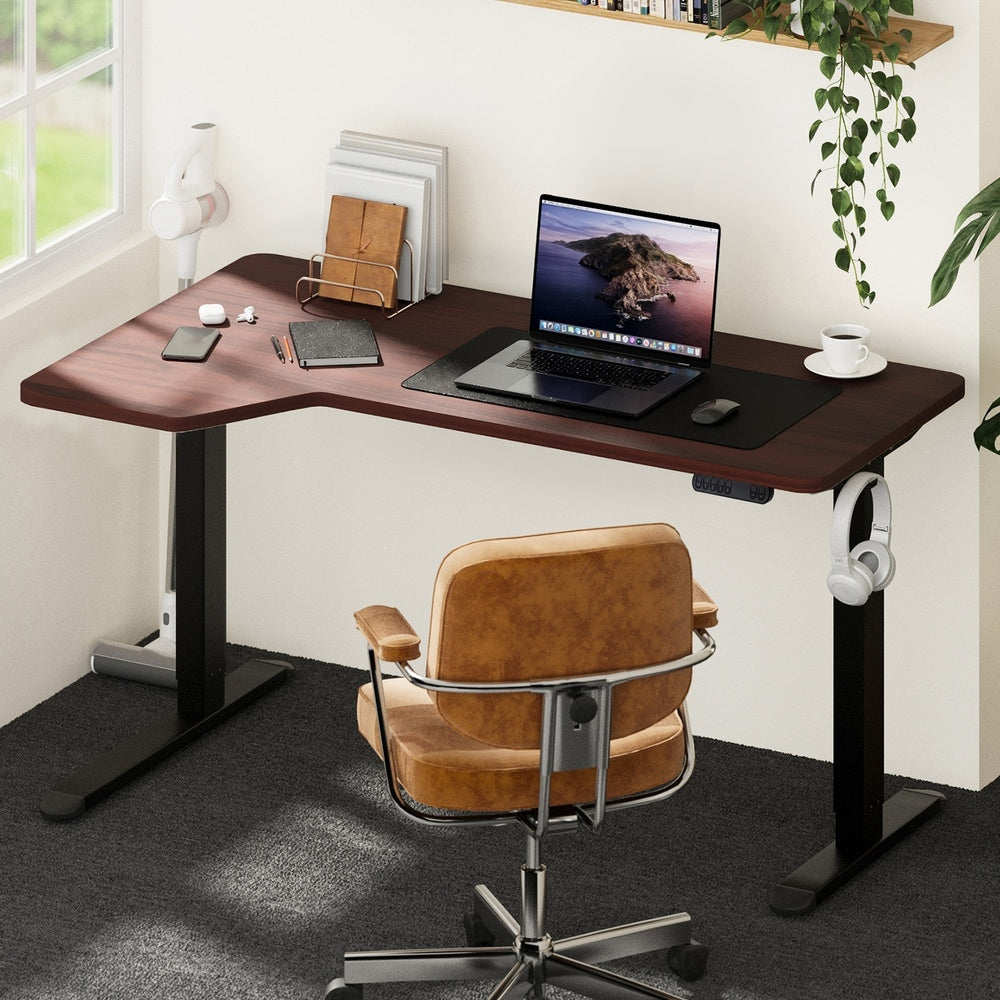 Oikiture L-shape Electric Standing Desk Single Motor 145CM Black&Walnut