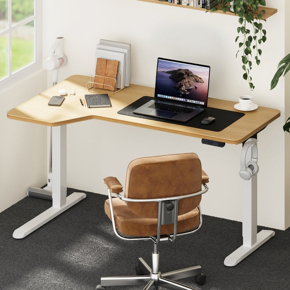 Oikiture L-shape Electric Standing Desk Single Motor 145CM White&Oak