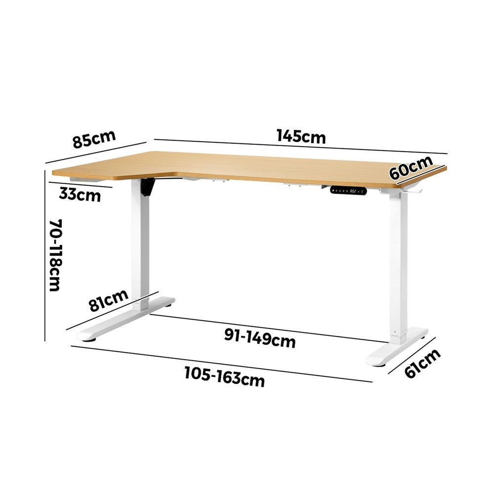 Oikiture L-shape Electric Standing Desk Single Motor 145CM White&Oak