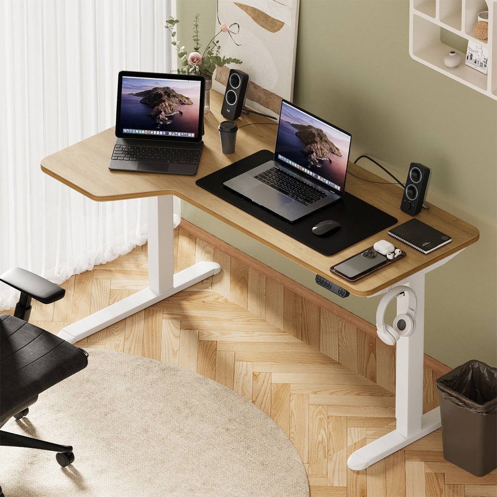 Oikiture L-shape Electric Standing Desk Single Motor 145CM White&Oak