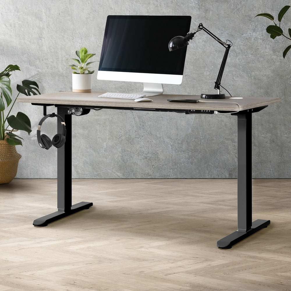 Oikiture 140cm Electric Standing Desk Single Motor Black&Grey-Oak