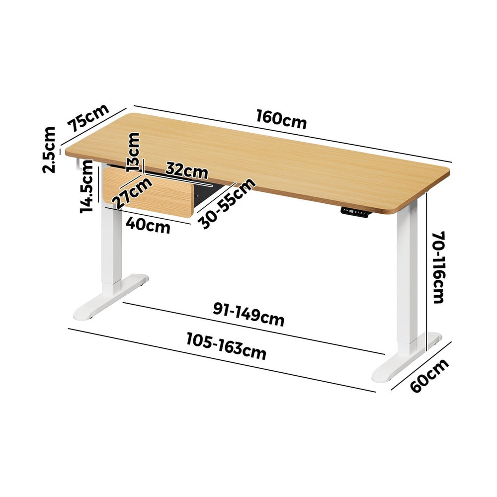 Oikiture 160cm Electric Standing Desk w/ Drawer Adjustable Oak White