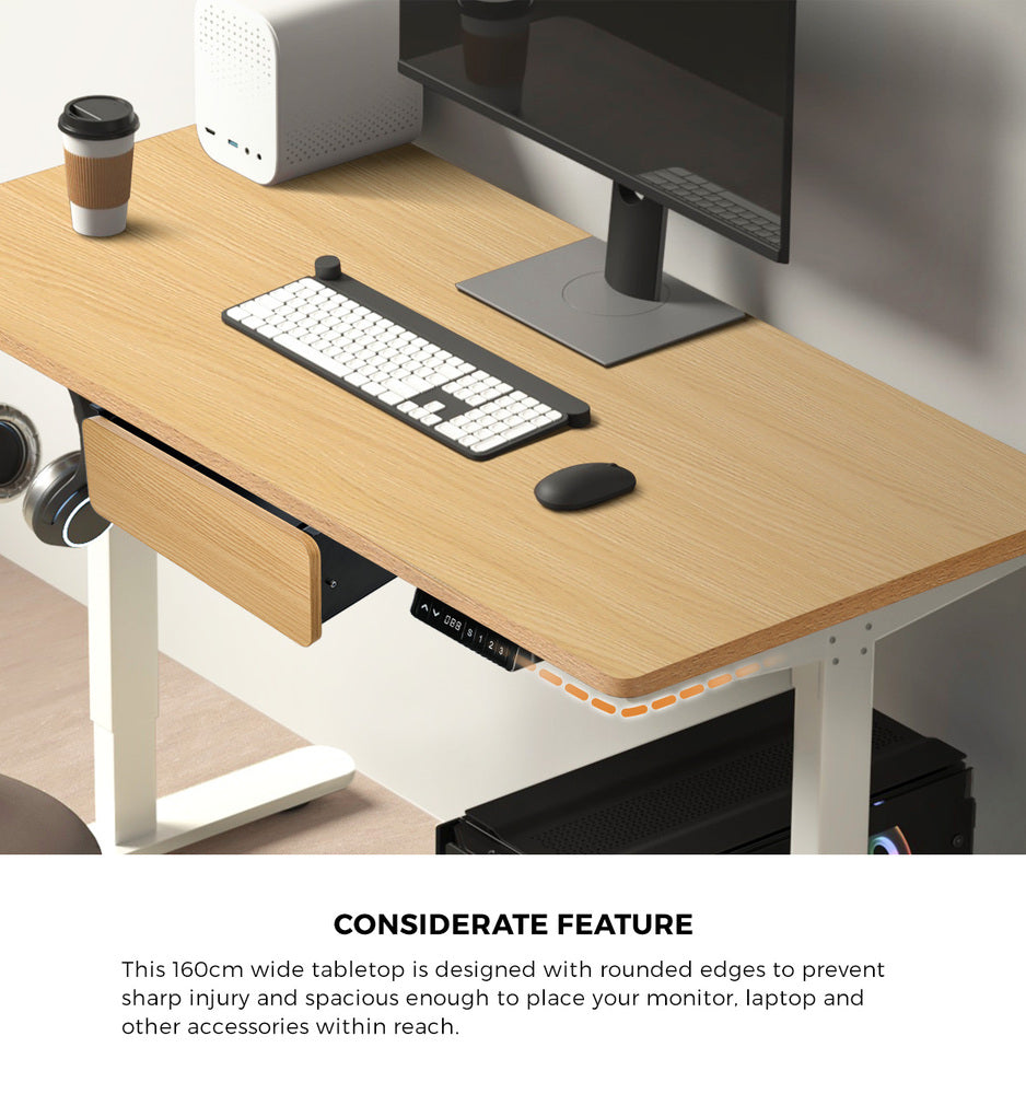 Oikiture 160cm Electric Standing Desk w/ Drawer Adjustable Oak White