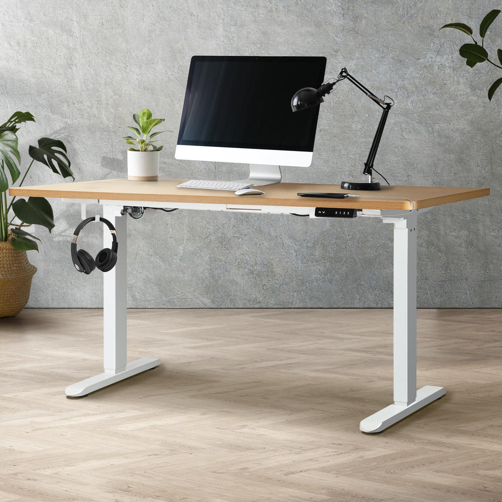 OIKITURE Sit Stand Desk Motorised Adjustable 160cm White&Oak