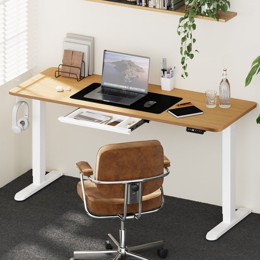 Oikiture 160cm Standing Desk With Drawer Motorized Adjustable White