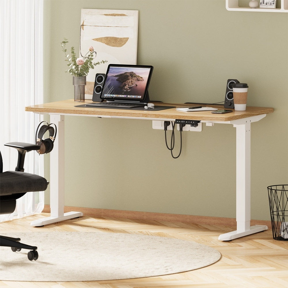 Oikiture Standing Desk Wireless Charging Single Motor 140CM White&Oak