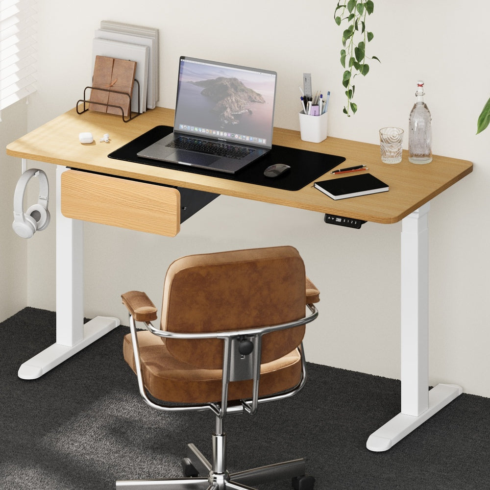 Oikiture 150cm Electric Standing Desk with Drawer Adjustable Oak White