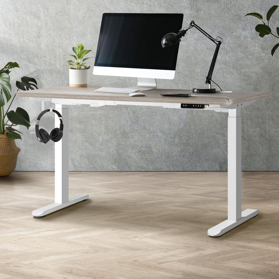 Oikiture 140cm Electric Standing Desk Dual Motor White&Grey-Oak, image 3