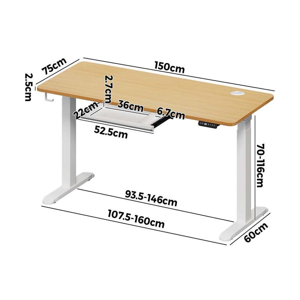 Oikiture 150cm Electric Standing Desk with Drawer Adjustable White & Oak