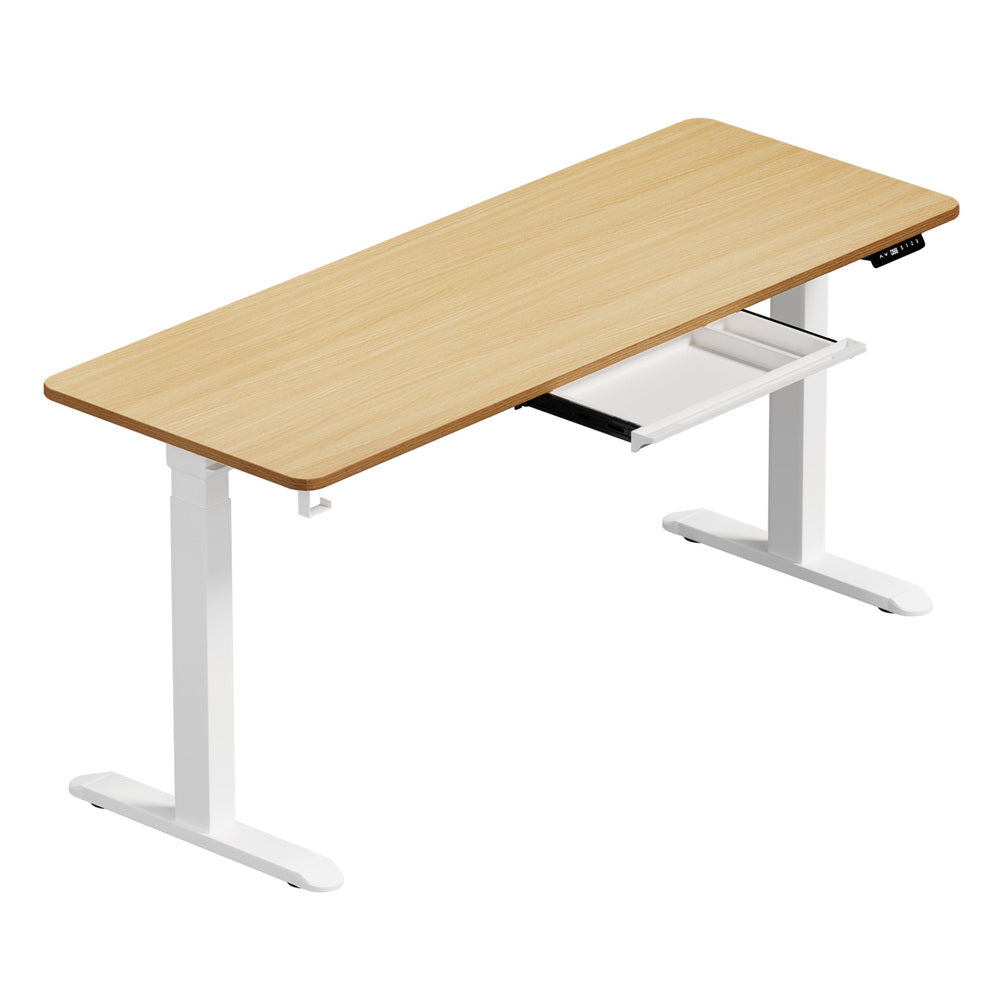 Oikiture 160cm Electric Standing Desk with Drawer Adjustable White Oak